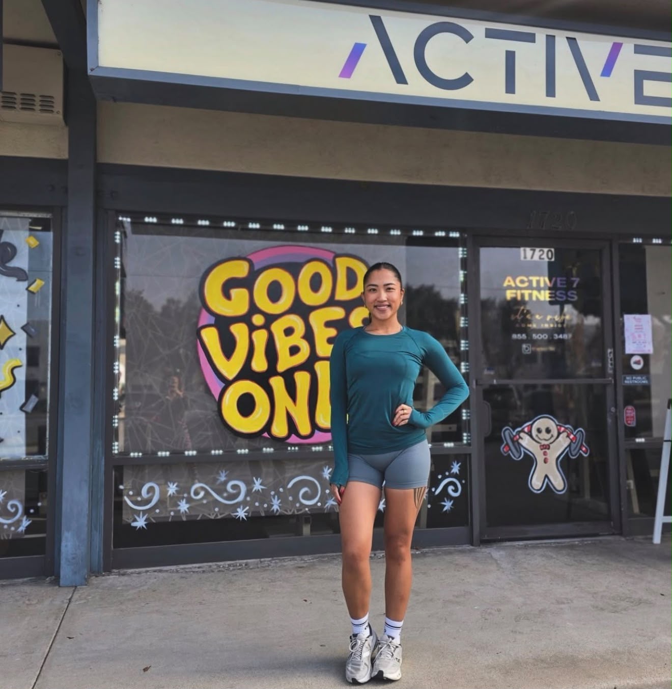 Active 7 Fitness studio exterior with Good Vibes Only sign